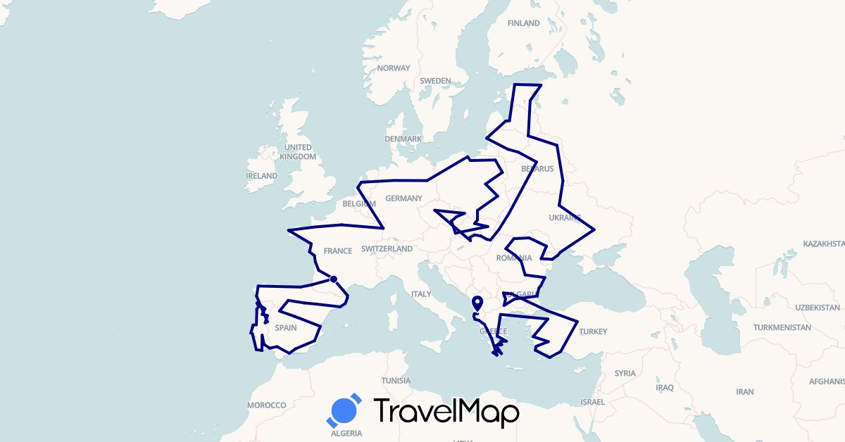 TravelMap itinerary: driving in Albania, Bulgaria, Belarus, Czech Republic, Germany, Estonia, Spain, France, Greece, Hungary, Lithuania, Latvia, Moldova, Netherlands, Poland, Portugal, Romania, Slovakia, Turkey, Ukraine (Asia, Europe)
